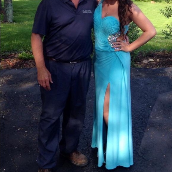 Light Blue One Shoulder Prom Dress - Picture 2 of 8